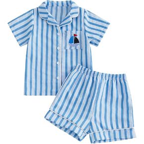 Kuriozud Kids Toddler Boy Pajamas Summer Shirt Top and Shorts Set | Kids Toddler Boy 2pcs Pjs Summer Short Sleeve Button Down Shirt and Shorts Sleepwear, 1-7 Years in Saudi Arabia