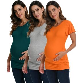 Maternity Shirts 3-Pack Short Ruffle Sleeve Side Ruched Cotton Viscose from Bamboo Pregnancy Crew Neck Tees Tunic in Kuwait
