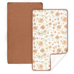 Waterproof Portable Changing Pad 2 Pack, Muslin Cotton Baby Changing Mat Comfortable & Breathable, Foldable Diaper Changing Pad for Travel, Machine Washable, Flower & Brown in Kuwait