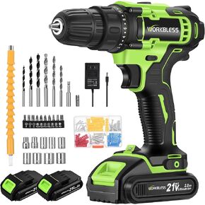 WORKBLESS 21V Power Drill Set, Cordless Drill with Battery and Charger, 3/8'' Keyless Chuck, Variable Speed, 18+1 Torque Setting and 28pcs Bits Tool Set(Green, 1 Battery) in Kuwait