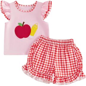 Back to School Toddler Girl Outfit Embroidery Flutter Sleeve T-Shirt Ruffle Shorts Set Kids Kindergarten Clothes in Saudi Arabia