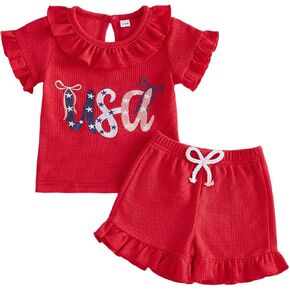 Userdefined 4th of July Baby Girl Outfit Toddler American Flag Flutter Sleeve Shirt Shorts Set Fourth of July Summer Clothes in Kuwait
