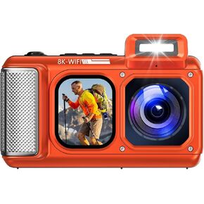 Maxmango V08 Pro Underwater Camera, 49FT Waterproof Camera 8K 90MP WiFi Digital Camera with 2.88" Touchscreen, Dual Screens, Dustproof Shockproof Camera for Snorkeling Diving, 32GB Card, Orange in Kuwait