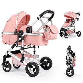 2 in 1 Baby Stroller, Foldable Pram Carriage w/Reversible Seat | Adjustable Canopy, Storage Basket, Cup Holder, Foot Cover, Suspension Wheels, Aluminum Frame, One-Step Brake (Pink) in Kuwait