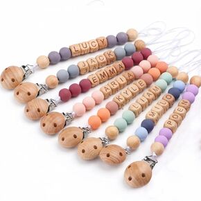Personalized Baby Pacifier Clip with Name - Custom Wooden Letter & Silicone Beads Chain Holder for Boys Girls Newborn Gift in Kuwait