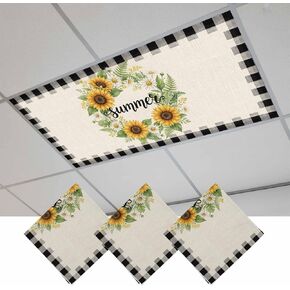 Fluorescent Light Covers, Summer Floral Magnetic Light Covers for Ceiling Lights, Watercolor Daisy Sunflowers Wreath Plaid Beige Fluorescent Ceiling Shade for Classroom Bedroom Office 4x2Ft x 3PCS in Kuwait
