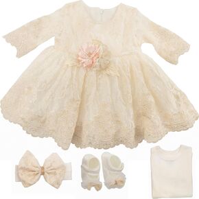 Newborn Baby Girl Lace Dress Set, 4 Pieces Outfit for Special Occasions (US, Age, 0 Months, Gold, Ivory (with Gift Box)) in Kuwait