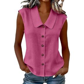 Sleeveless Linen Tops for Women Classic Collar Button Down Shirts | Linen Sleeveless Tops for Women Linen Button Down Shirt Casual Lightweight Cotton Linen Shirts Summer Beach Tops with Collar in Kuwait