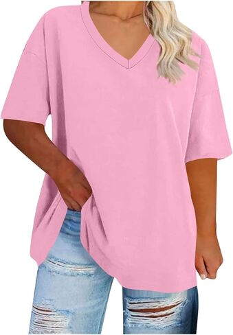 Womens Plus Size Tops Solid Color Loose Blouses V Neck Short Sleeve Tunic Shirt Basic Oversized Casual Summer Outfit in Kuwait