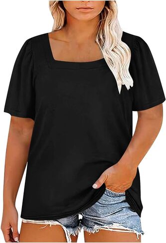 Women's Square Neck Shirts Short Sleeve Casual Comfort Plus Size Oversized Lounge Loose Fit Blouses Tunic in Kuwait