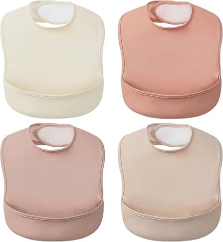 POIKSHARK 4-Pack Waterproof Baby Feeding Bibs with Large Food Catcher – Toddler Apron for Eating, Easy to Put On & Clean, Baby Eating Essentials, Baby Shower (Pink) in Kuwait