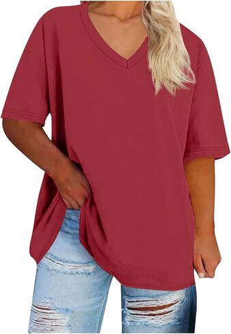 Plus Size Summer Tops for Women Pure V Neck Lightweight Blouses Oversized Short Sleeve Tees Cute Tunic Shirt in Kuwait