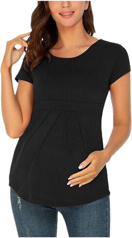 Women's Maternity Tops Round Neck Short Sleeve Casual T Shirts Peplum Tunic Tee Front Pleated Pregnancy Clothes in Kuwait