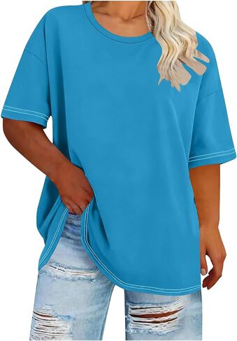 Plus Size Shirts for Women Loose Oversized Tops Crew Neck V Neck Pure T Shirt Spring Summer Travel Outfits in Kuwait