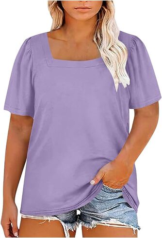 Plus Size Tunic Tops for Women Square Neck Casual Short Pleated Sleeve Oversized Comfort T Shirt Blouses in Kuwait