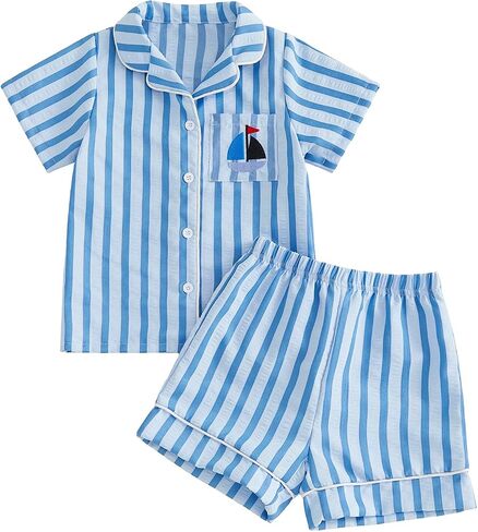 Kuriozud Kids Toddler Boy Pajamas Short Sleeve Button Down Shirt Top and Shorts Summer 2pcs Pjs Sets Sleepwear in Kuwait