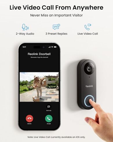 REOLINK Video Doorbell WiFi 2K Wired Camera, 4:3 Wide View Outdoor Camera | No Subscription Local Storage, AI Detection, 5G&2.4G WiFi, Two-Way Talk, Front Door Home Security, Customized Reolink Chime in Kuwait