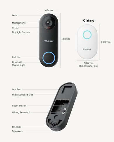 REOLINK Video Doorbell WiFi 2K Wired Camera, 4:3 Wide View Outdoor Camera | No Subscription Local Storage, AI Detection, 5G&2.4G WiFi, Two-Way Talk, Front Door Home Security, Customized Reolink Chime in Kuwait
