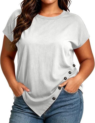 Women Irregular Hem Tops Plus Size Tshirt with Side Button Decor, Summer Casual Loose Fit Tunic Tee for Fat Ladies in Kuwait