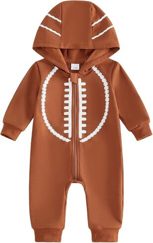 Newborn Baby Boy Football Outfit Infant Fall One Piece Romper | Baby Boy Game Day Football Clothes Football Print Long Sleeve Zipper Hooded One Piece Jumpsuit Baby Fall Winter Bodysuit in Kuwait