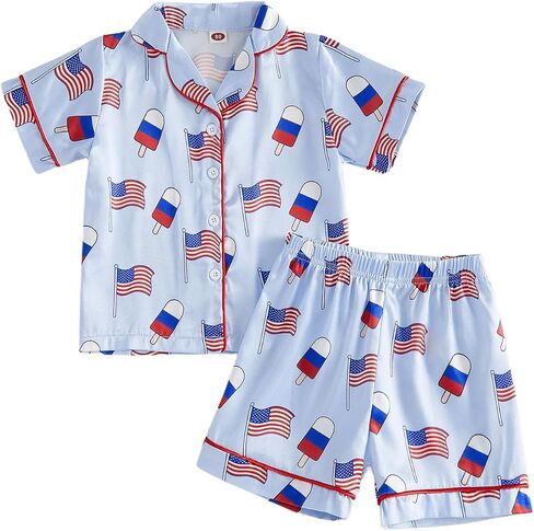 Ayalinggo 4th of July Toddler Pjs Kids Baby Boys Silk Satin Ruffle Button Down Pajamas Jammies Shorts USA Sleepwear Nightgown in Kuwait