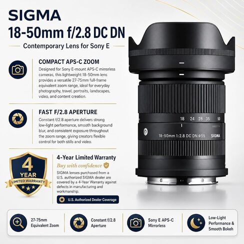 Sigma 18-50mm f/2.8 DC DN Contemporary Lens for Sony E with 4-Year USA Warranty, 55mm UV/CPL/ND Filter Kit, Backpack, Cleaning Kit, Lens Cleaner, Cap Tether & Software Kit in Kuwait