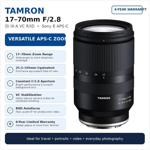 Tamron 17-70mm f/2.8 Di III-A VC RXD Lens for Sony E APS-C 25.5-105mm Equivalent, Bundle with 3-Section Aluminum Tripod and Cleaning Kit, Tamron 6 Year Limited Warranty in Kuwait