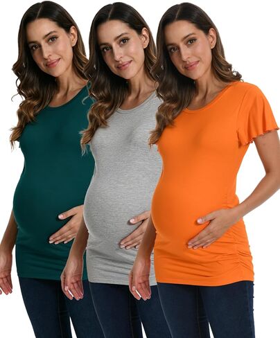 Maternity Shirts 3-Pack Short Ruffle Sleeve Side Ruched Cotton Viscose from Bamboo Pregnancy Crew Neck Tees Tunic in Kuwait