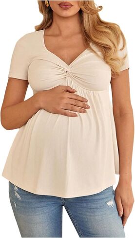 Floerns Women's Maternity Babydoll Shirts Summer Short Sleeve Twist Front V Neck Ribbed Pregnancy T Shirts in Kuwait