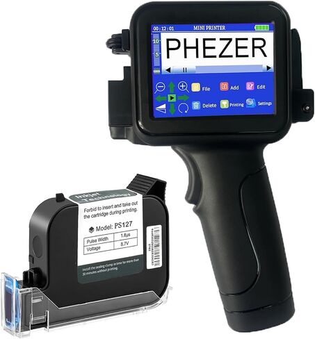 Phezer 12.7mm/0.5 Inch Portable Mini Handheld Inkjet Printer PC12-H for Flat and Curved Surface, with Touch Screen, PS100 Quick-Drying Ink Cartridge, for Label/Date/Barcode/Logo/Qrcode (Blue) in Kuwait