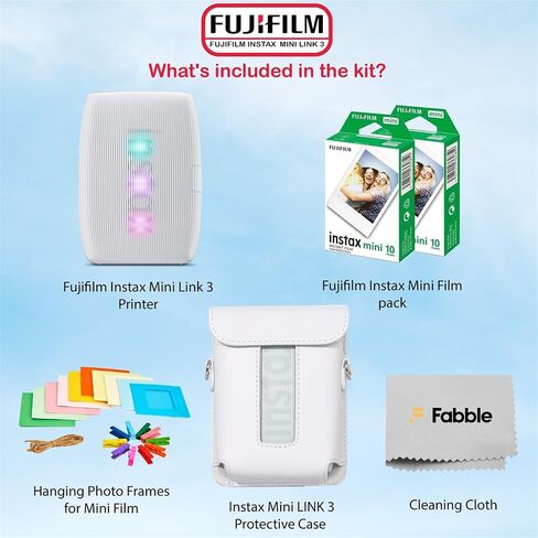 Fujifilm Instax Mini Link 3 Smartphone Printer – Clay White Bundle with a Protective Case, Twin Pack Instant Film (20 Sheets), Hanging Photo Frames, and Premium Microfiber Cleaning Cloth in Kuwait