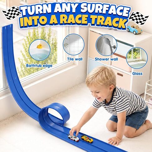 Race Car Bath Toys Set, Flexible Bathub Race Track Toys with 2 Cars for Kids, Hook Mount Fits All Bathtubs and Bag, Pool Water Toys Cars Bath Toys Gifts for Boys Girls in Kuwait