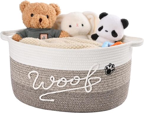 Woof Dog Toy Basket with Handles, Large Dog Toy Storage Bin with Paw Print, Woven Dog Basket for Blankets, Toys, Chews, Pet Toy Box for Nursery, Living Room, Bedroom, 17"x12"x9, Brown in Kuwait