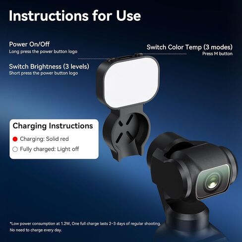 CYNOVA Magnetic Fill Light for DJI Osmo Pocket 4, Mini LED Vlog Light with 3 Color Temperatures & Adjustable Brightness, Osmo Pocket 4 Accessories Light for Selfies, Video Recording & Vlogging in Kuwait