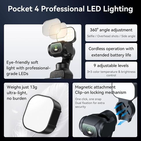 CYNOVA Magnetic Fill Light for DJI Osmo Pocket 4, Mini LED Vlog Light with 3 Color Temperatures & Adjustable Brightness, Osmo Pocket 4 Accessories Light for Selfies, Video Recording & Vlogging in Kuwait