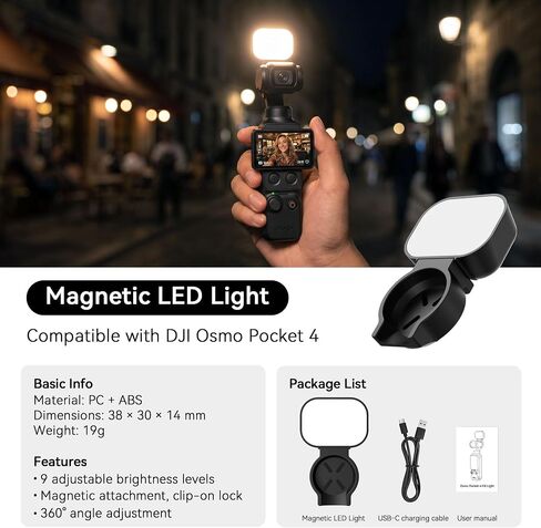 CYNOVA Magnetic Fill Light for DJI Osmo Pocket 4, Mini LED Vlog Light with 3 Color Temperatures & Adjustable Brightness, Osmo Pocket 4 Accessories Light for Selfies, Video Recording & Vlogging in Kuwait