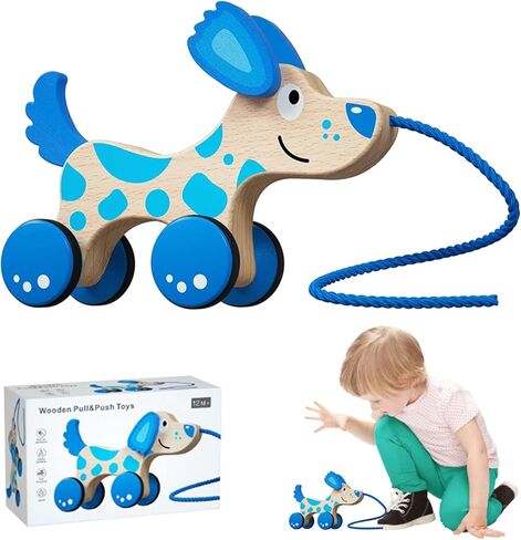 Wooden Pull Dog Toy Wooden Walk Pull Along Toy with String Toy Montessori Toddler Pull Toys for Walking Toddlers in Kuwait