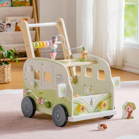 ROBUD Wooden Baby Walker, Height & Speed Adjustable Baby Push Walker with Anti-Slip Wheels, Developmental Activity Center with Forest Toys for 12-36 Months，Green in Kuwait