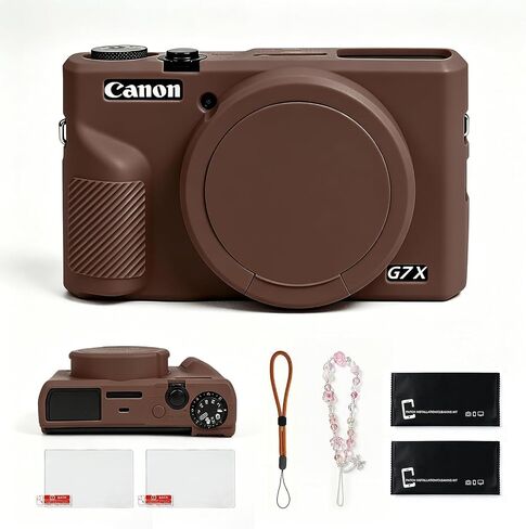 Silicone Case for Canon PowerShot G7X Mark III, Anti-Slip Rubber Skin with 2 Screen Protectors & 2 Straps (Lanyard, Chain), Vlogging Accessories Kit for G7 X mk iii (Brown) in Kuwait