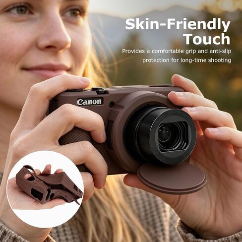 Silicone Case for Canon PowerShot G7X Mark III, Anti-Slip Rubber Skin with 2 Screen Protectors & 2 Straps (Lanyard, Chain), Vlogging Accessories Kit for G7 X mk iii (Brown) in Kuwait
