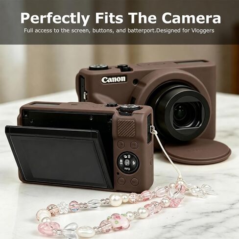 Silicone Case for Canon PowerShot G7X Mark III, Anti-Slip Rubber Skin with 2 Screen Protectors & 2 Straps (Lanyard, Chain), Vlogging Accessories Kit for G7 X mk iii (Brown) in Kuwait