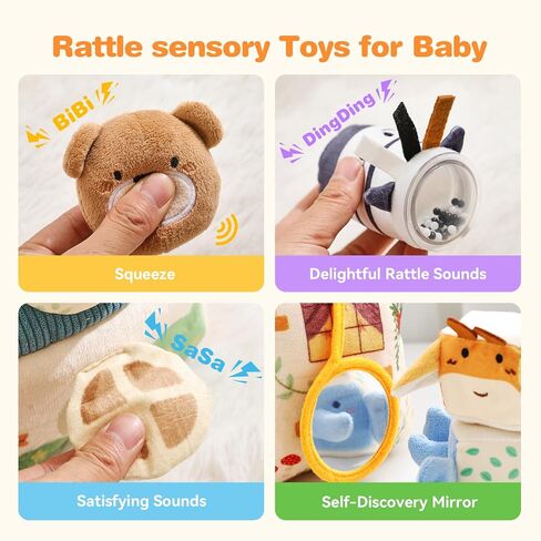 let's make Baby Toys 6-12 Months First Forest Animal Set Soft Barn playset with 5 Stuffed Woodland Animals, Rattle Crinkle Mirror Sensory Montessori Travel Toy Gift for Babies Boy Girl Toddlers 1-3 in Kuwait