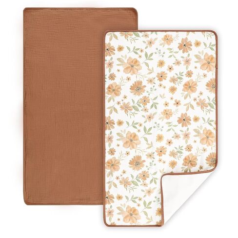 Waterproof Portable Changing Pad 2 Pack, Muslin Cotton Baby Changing Mat Comfortable & Breathable, Foldable Diaper Changing Pad for Travel, Machine Washable, Flower & Brown in Kuwait