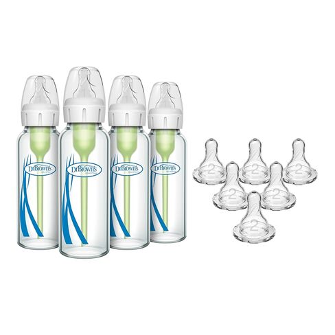 Dr. Brown's Anti-Colic Narrow Glass Baby Bottles 8 oz 4-Pack with Level 1 Nipples + Level 2 Medium Flow Narrow Silicone Nipples 6-Pack Bundle, BPA Free, 0m+ and 3m+ in Kuwait