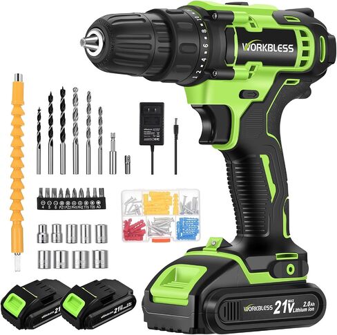 WORKBLESS 21V Power Drill Set, Cordless Drill with Battery and Charger, 3/8'' Keyless Chuck, Variable Speed, 18+1 Torque Setting and 28pcs Bits Tool Set(Green, 1 Battery) in Kuwait