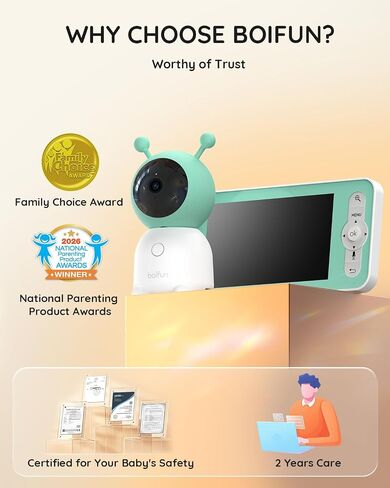 BOIFUN 2026 Upgraded 2K WiFi Baby Monitor with Camera and Audio, Smart Night Light, APP & 5" Split-Screen Control, Motion/Cries/Sound/Custom Alarm Zone Detect, Auto Tracking, Humidity Temp Detect in Kuwait