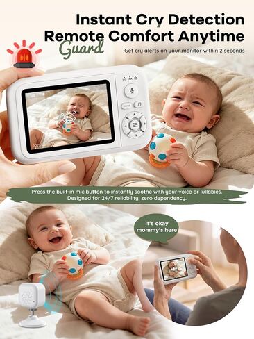 Baby Monitor with Camera and Audio, No WiFi, with Clip for Crib & Stand | Portable 3.5" HD IPS Video Screen, 2.4G FHSS, Auto Night Vision, 2-Way Smart VOX mode, Feed Rem, Temp Sense, Travel & Nursery in Kuwait