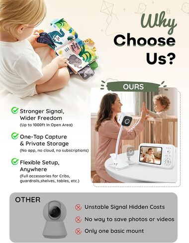 Baby Monitor with Camera and Audio, No WiFi, with Clip for Crib & Stand | Portable 3.5" HD IPS Video Screen, 2.4G FHSS, Auto Night Vision, 2-Way Smart VOX mode, Feed Rem, Temp Sense, Travel & Nursery in Kuwait