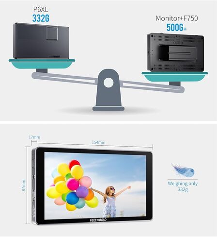 FEELWORLD P6XL 6 Inch Camera Monitor Built-in-Battery 1200nit High Brightness 4K, Touch Screen Support 3D LUT Waveform Help Creators Outdoor Accurate Focus and Expose in Kuwait