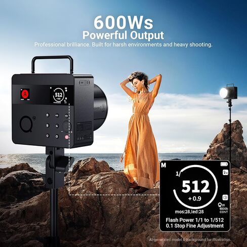 NEEWER 600Ws 2.4G TTL Outdoor Studio Flash, App Control Strobe Light Photography with 1/1 to 1/512 Output, 1/8000 HSS, 3000mAh Battery/400 Full Power Flash/0.01-0.9s Recycle/30W LED Modeling Lamp, Q6 in Saudi Arabia